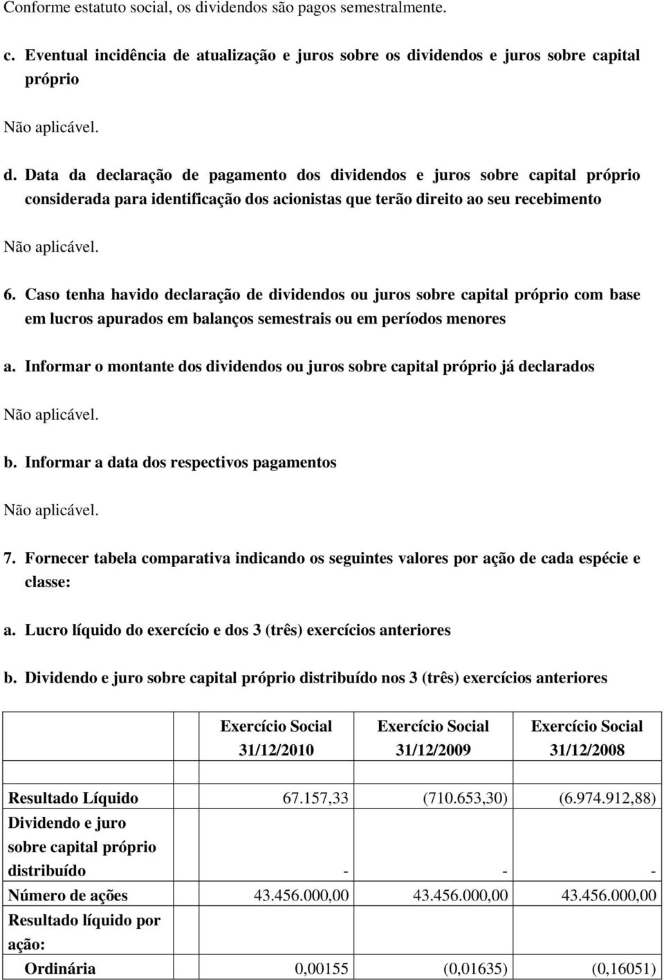 Caso tenha havido declaração de dividendos ou juros sobre capital próprio com base em lucros apurados em balanços semestrais ou em períodos menores a.