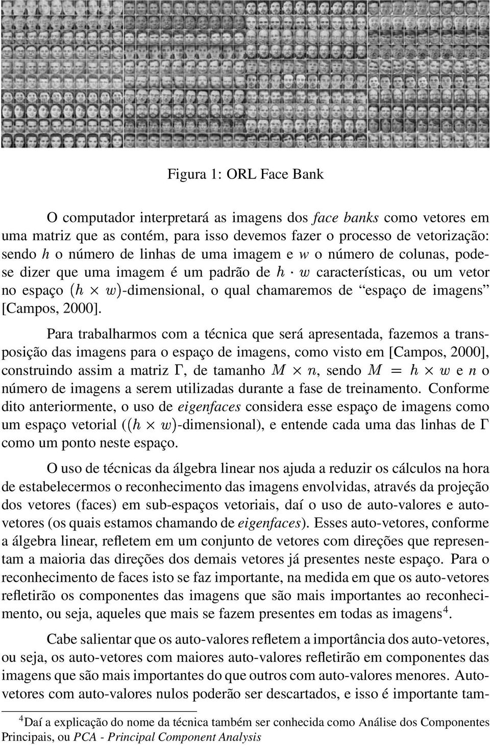 Para trabalharmos com a técnica que será apresentada, fazemos a transposição das imagens para o espaço de imagens, como visto em [Campos, 2000], construindo assim a matriz, de tamanho, sendo e n o