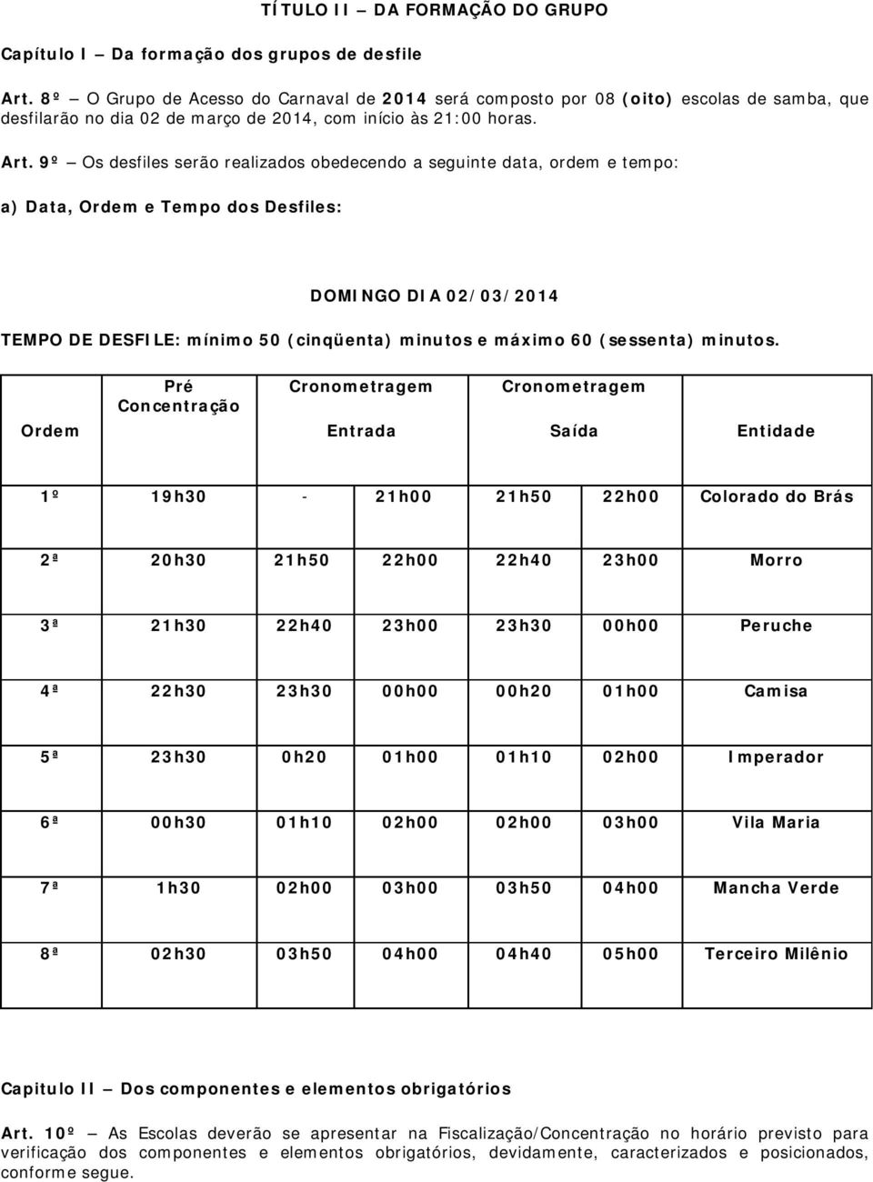9º Os desfiles serão realizados obedecendo a seguinte data, ordem e tempo: a) Data, Ordem e Tempo dos Desfiles: DOMINGO DIA 02/03/2014 TEMPO DE DESFILE: mínimo 50 (cinqüenta) minutos e máximo 60