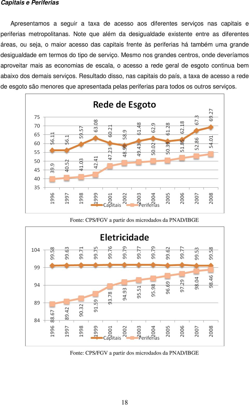 serviço. Mesmo nos grandes centros, onde deveríamos aproveitar mais as economias de escala, o acesso a rede geral de esgoto continua bem abaixo dos demais serviços.