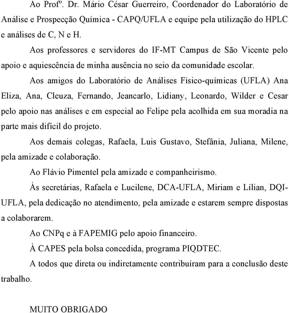 Aos amigos do Laboratório de Análises Físico-químicas (UFLA) Ana Eliza, Ana, Cleuza, Fernando, Jeancarlo, Lidiany, Leonardo, Wilder e Cesar pelo apoio nas análises e em especial ao Felipe pela