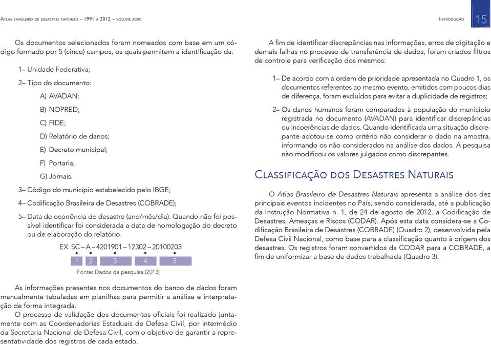 3 Código do município estabelecido pelo IBGE; 4 Codificação Brasileira de Desastres (COBRADE); 5 Data de ocorrência do desastre (ano/mês/dia).