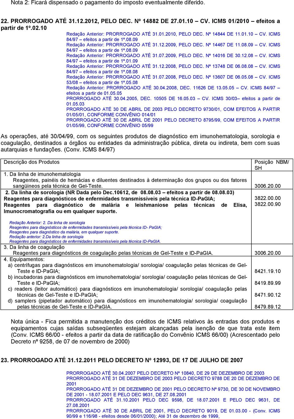 ICMS 84/97 efeitos a partir de 1º.08.09 Redação Anterior: PRORROGADO ATÉ 31.07.2009, PELO DEC. Nº 14016 DE 30.12.08 CV. ICMS 84/97 efeitos a partir de 1º.01.09 Redação Anterior: PRORROGADO ATÉ 31.12.2008, PELO DEC.