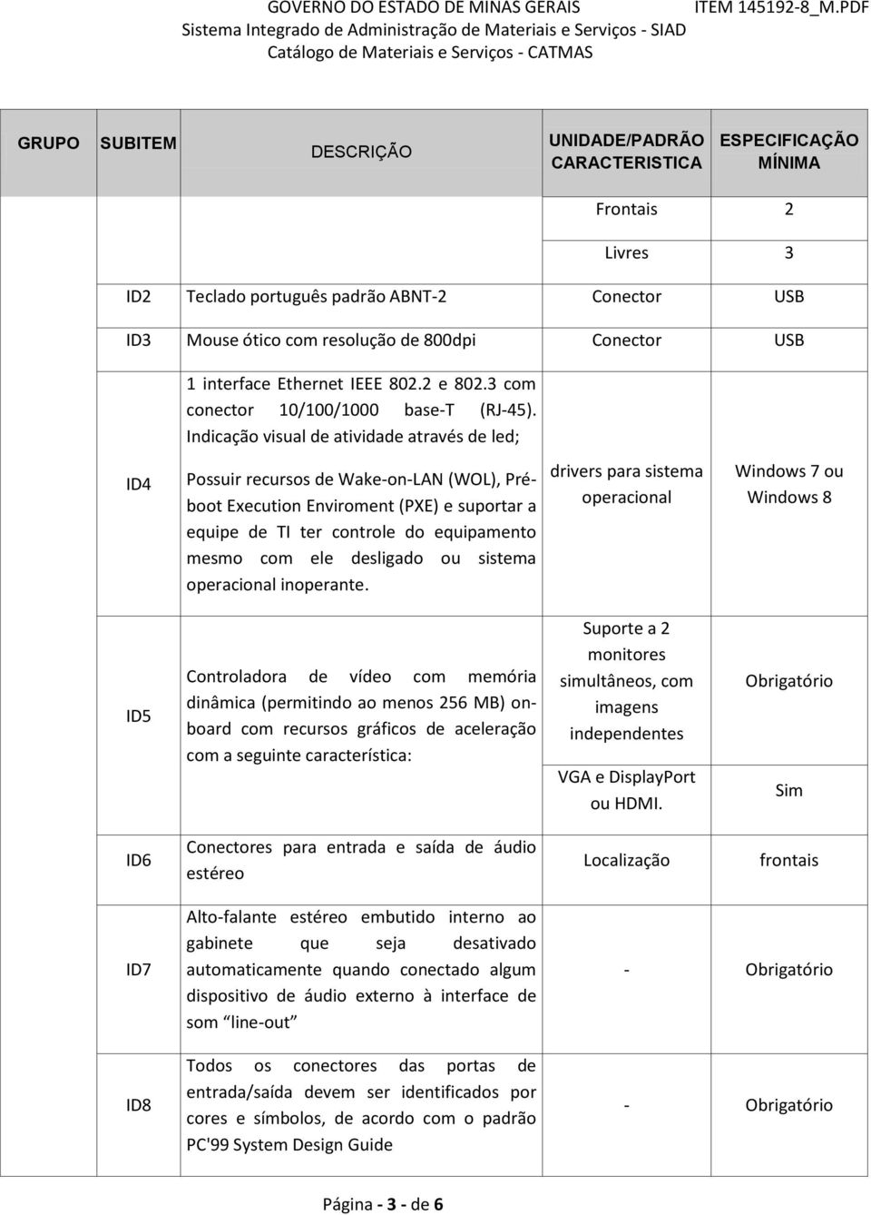 Indicação visual de atividade através de led; ID4 Possuir recursos de Wake-on-LAN (WOL), Préboot Execution Enviroment (PXE) e suportar a equipe de TI ter controle do equipamento mesmo com ele