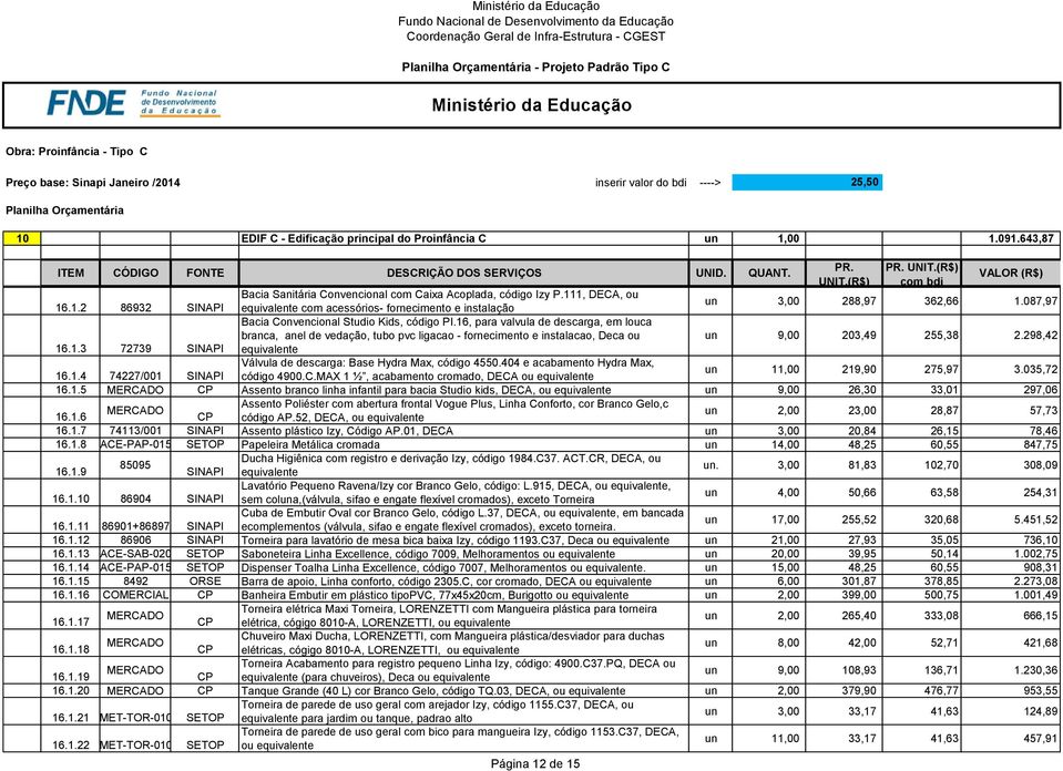 298,42 16.1.3 72739 SINAPI equivalente Válvula de descarga: Base Hydra Max, código 4550.404 e acabamento Hydra Max, 16.1.4 74227/001 SINAPI código 4900.C.