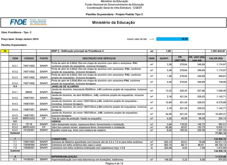 36 278,64 349,69 1.174,97 6.3.2 74071/002 SINAPI Porta de abrir de 0,80x2,10m em chapa de alumínio com veneziana- PA2, conforme projeto de esquadrias, inclusive ferragens m² 3,36 278,64 349,69 1.