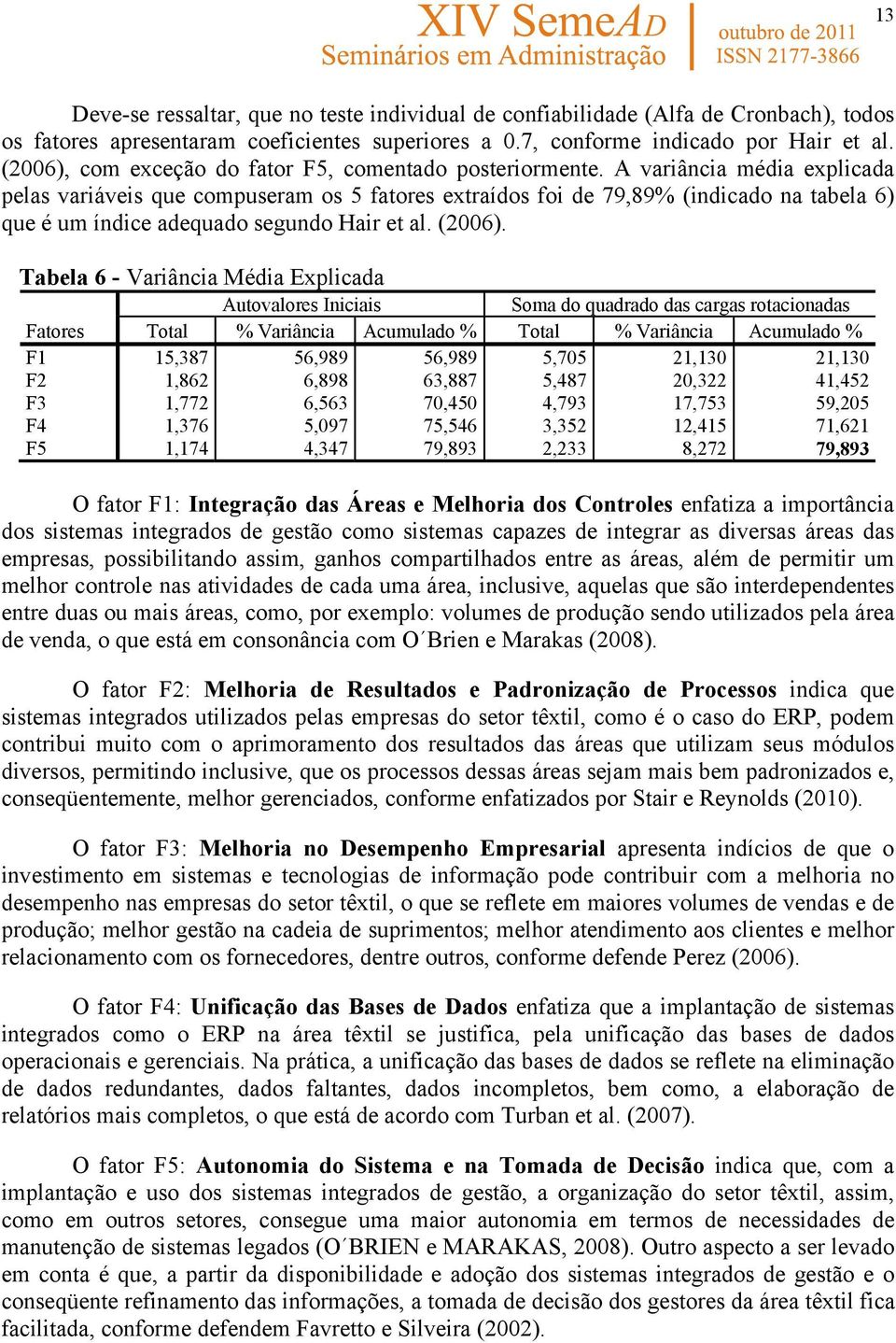 A variância média explicada pelas variáveis que compuseram os 5 fatores extraídos foi de 79,89% (indicado na tabela 6) que é um índice adequado segundo Hair et al. (2006).