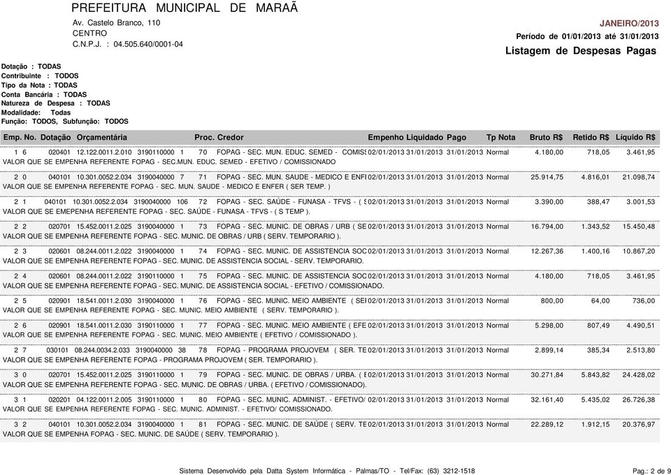 TEMP 31/01/2013 ) - 04.505.640/0001-04 31/01/2013 Normal 25.914,75 VALOR QUE SE EMPENHA REFERENTE FOPAG - SEC. MUN. SAUDE - MEDICO E ENFER ( SER TEMP. ) 2 1 040101 10.301.0052.2.034 3190040000 106 72 FOPAG - SEC.