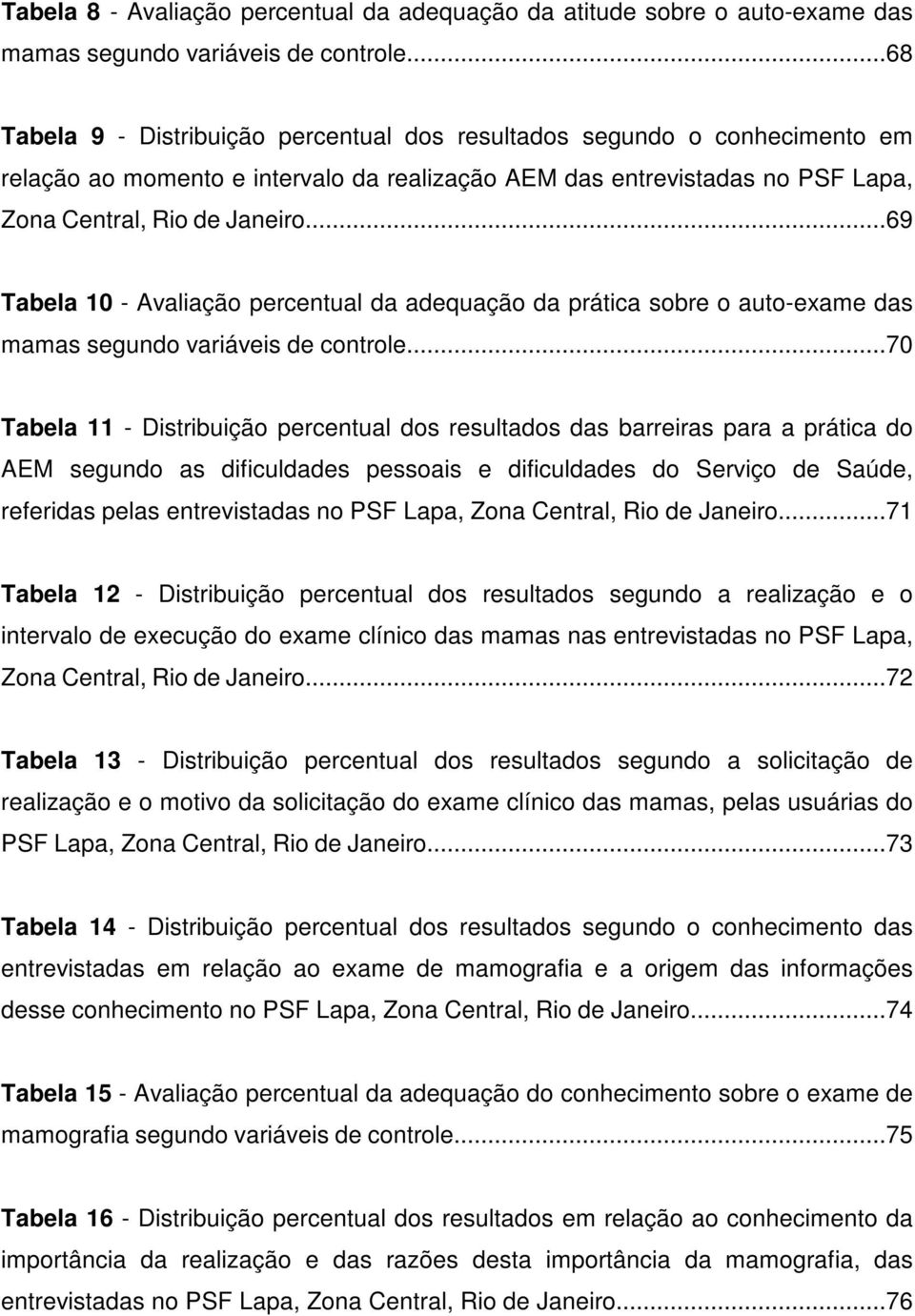 ..69 Tabela 10 - Avaliação percentual da adequação da prática sobre o auto-exame das mamas segundo variáveis de controle.