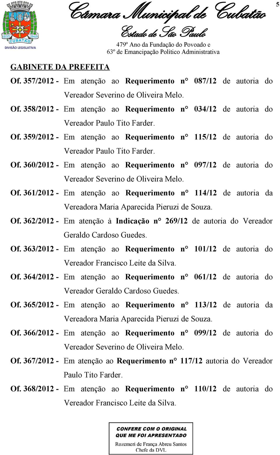 360/2012 - Em atenção ao Requerimento n 097/12 de autoria do Vereador Severino de Oliveira Melo. Of.