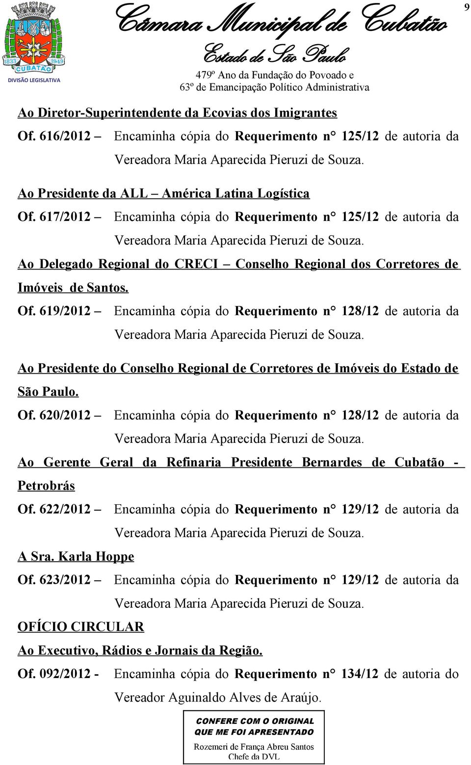 Ao Delegado Regional do CRECI Conselho Regional dos Corretores de Imóveis de Santos. Of. 619/2012 Encaminha cópia do Requerimento n 128/12 de autoria da Vereadora Maria Aparecida Pieruzi de Souza.