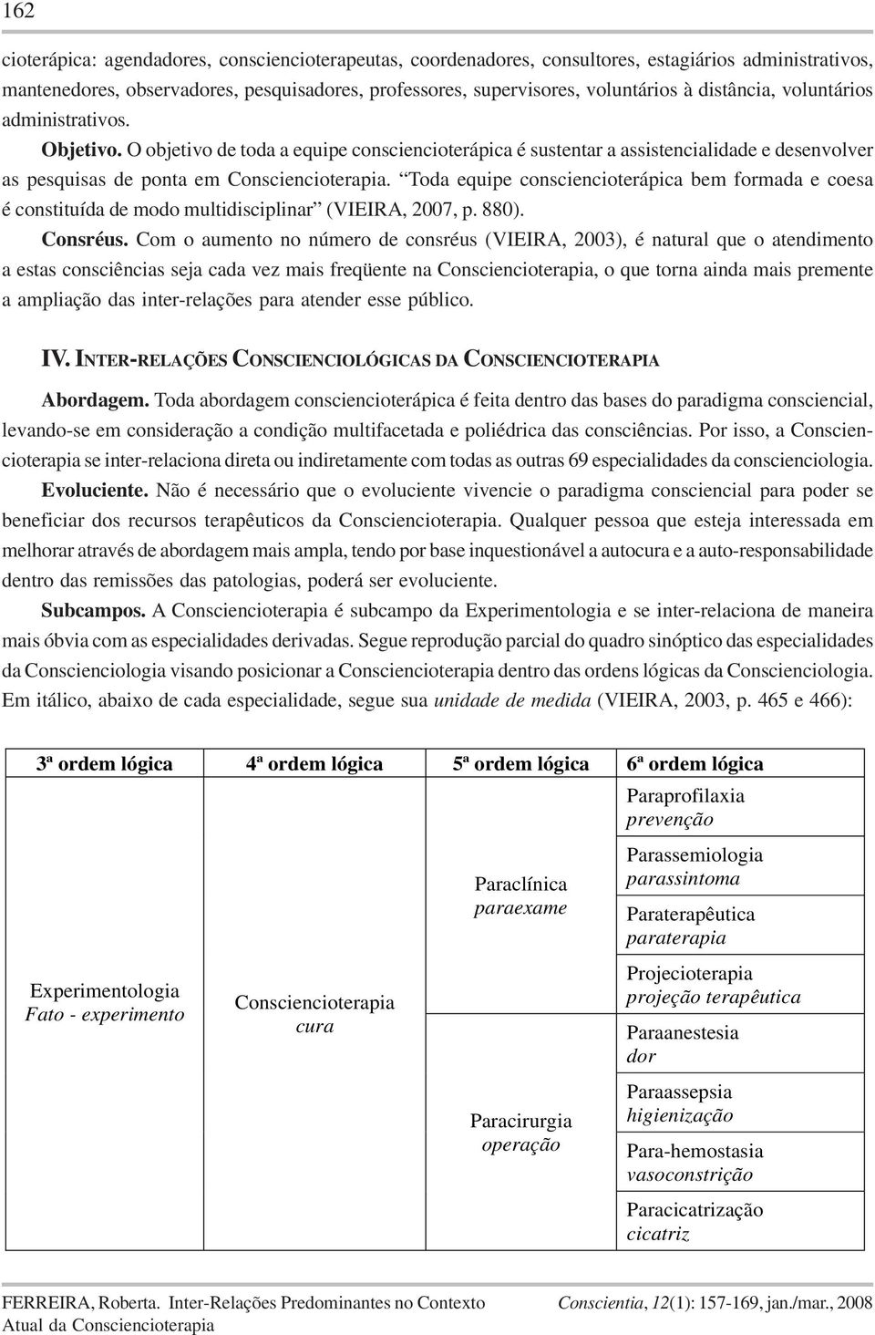 Toda equipe consciencioterápica bem formada e coesa é constituída de modo multidisciplinar (VIEIRA, 2007, p. 880). Consréus.