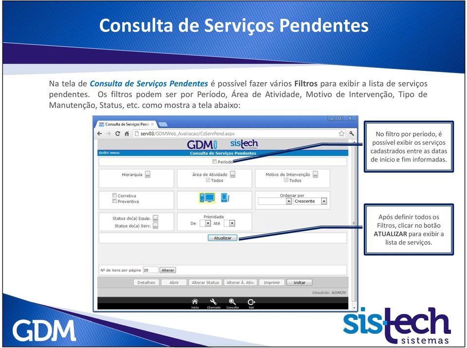 Os filtros podem ser por Período, Área de Atividade, Motivo de Intervenção, Tipo de Manutenção, Status, etc.