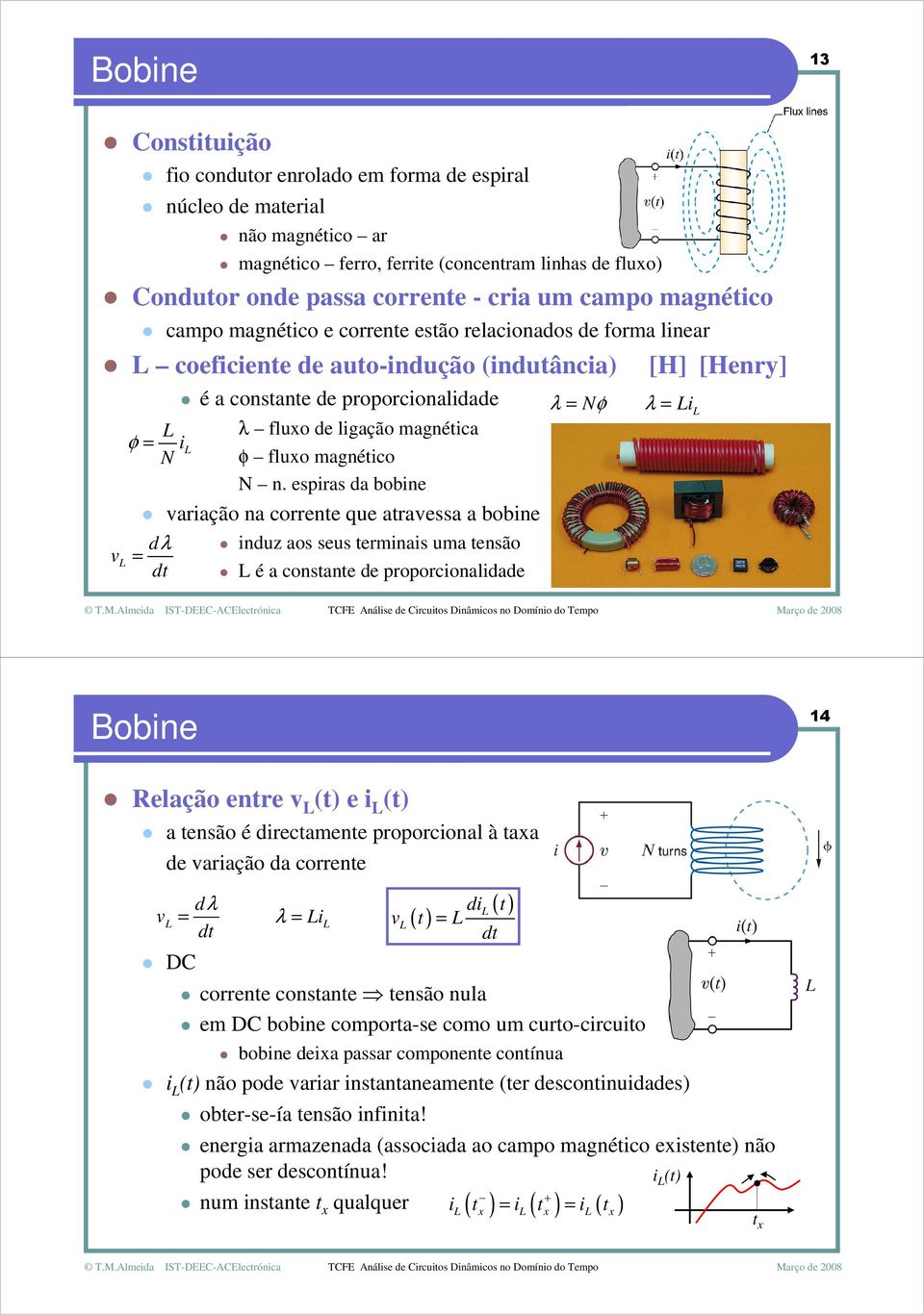 espiras da bobine variação na correne que aravessa a bobine dλ = d induz aos seus erminais uma ensão é a consane de proporcionalidade λ = φ λ = i [H] [Henry] Bobine 4 Relação enre v () e i () a ensão