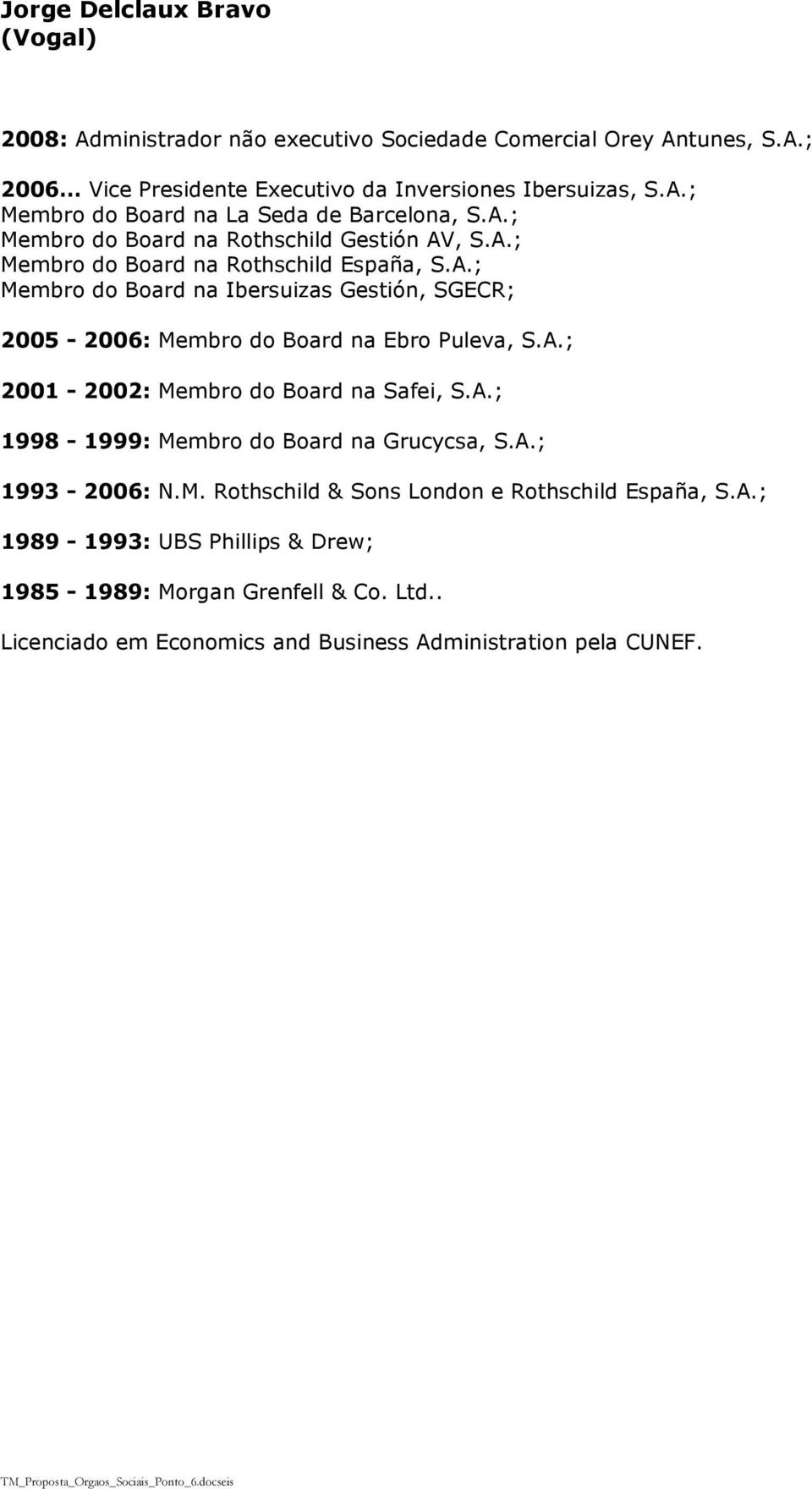A.; 2001-2002: Membro do Board na Safei, S.A.; 1998-1999: Membro do Board na Grucycsa, S.A.; 1993-2006: N.M. Rothschild & Sons London e Rothschild España, S.A.; 1989-1993: UBS Phillips & Drew; 1985-1989: Morgan Grenfell & Co.