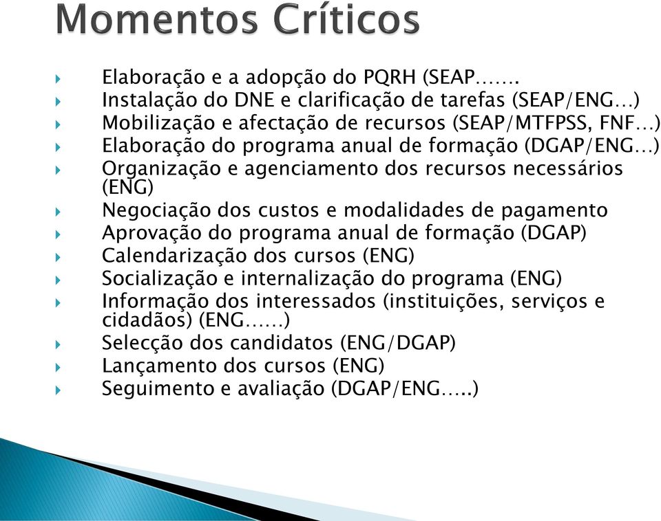 formação (DGAP/ENG ) Organização e agenciamento dos recursos necessários (ENG) Negociação dos custos e modalidades de pagamento Aprovação do programa