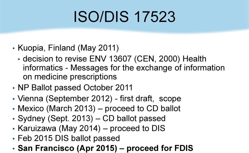 (September 2012) - first draft, scope Mexico (March 2013) proceed to CD ballot Sydney (Sept.