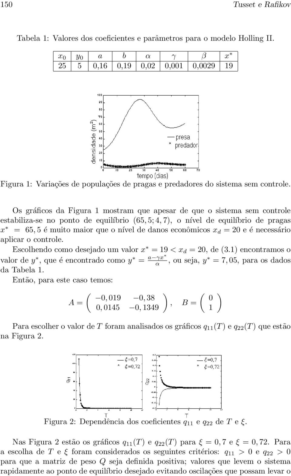 Os gráficos da Figura 1 mostram que apesar de que o sistema sem controle estabiliza-se no ponto de equilíbrio 65,5;4,7, o nível de equilíbrio de pragas x = 65,5 é muito maior que o nível de danos