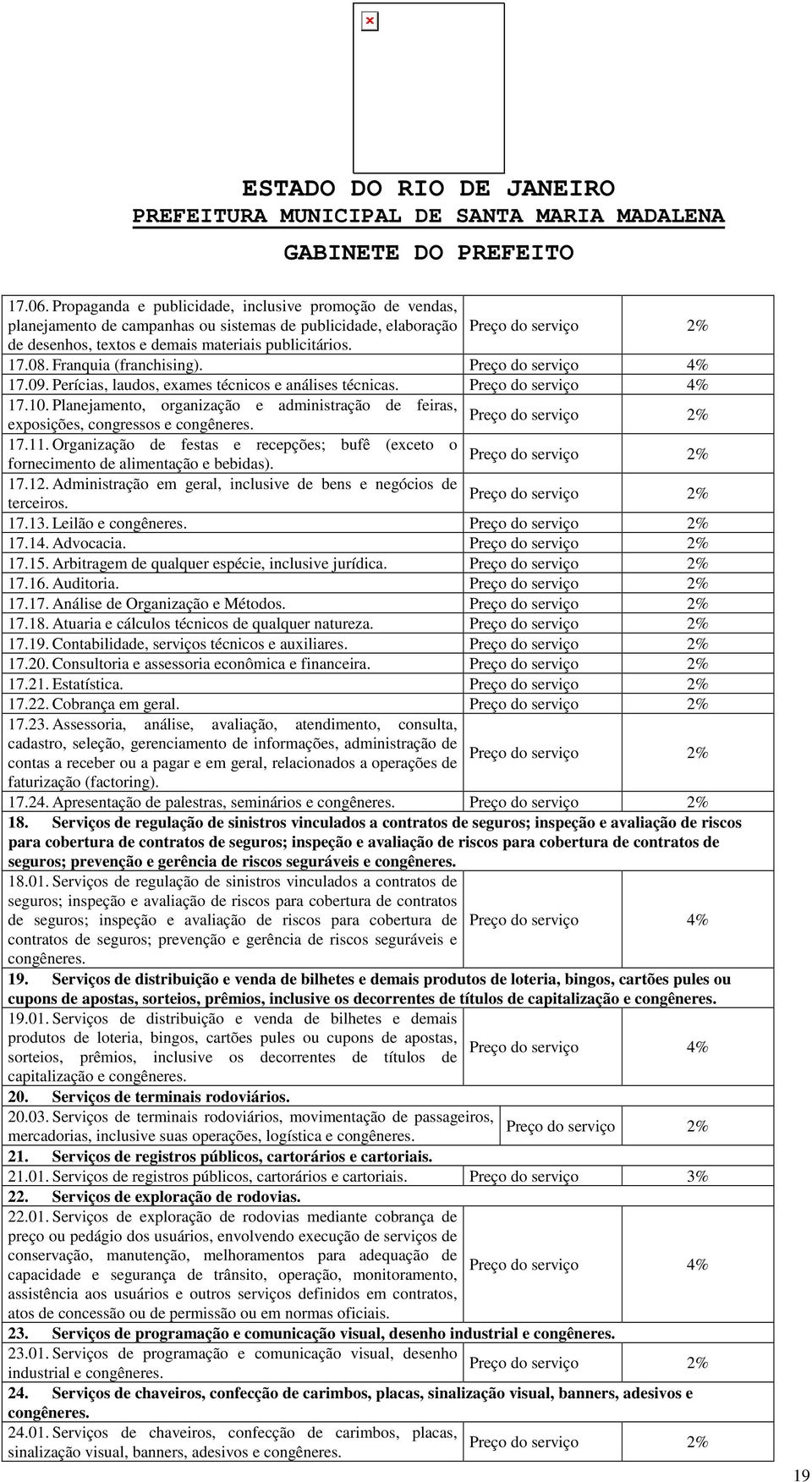 Organização de festas e recepções; bufê (exceto o fornecimento de alimentação e bebidas). 17.12. Administração em geral, inclusive de bens e negócios de terceiros. 17.13. Leilão e 17.14. Advocacia.