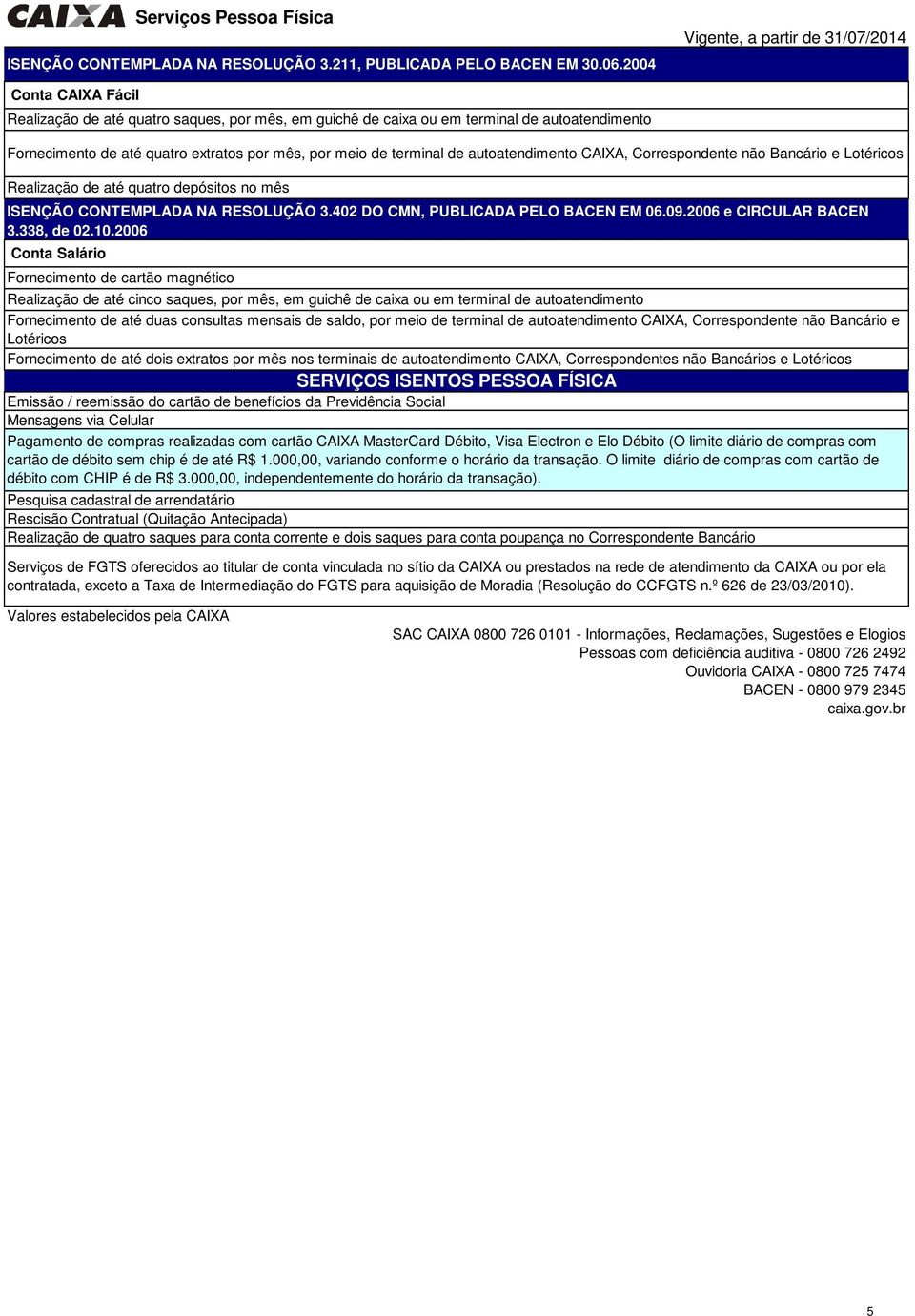 meio de terminal de autoatendimento CAIXA, Correspondente não Bancário e Lotéricos Realização de até quatro depósitos no mês ISENÇÃO CONTEMPLADA NA RESOLUÇÃO 3.402 DO CMN, PUBLICADA PELO BACEN EM 06.