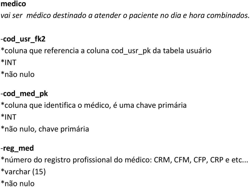 -cod_med_pk *coluna que identifica o médico, é uma chave primária, chave primária