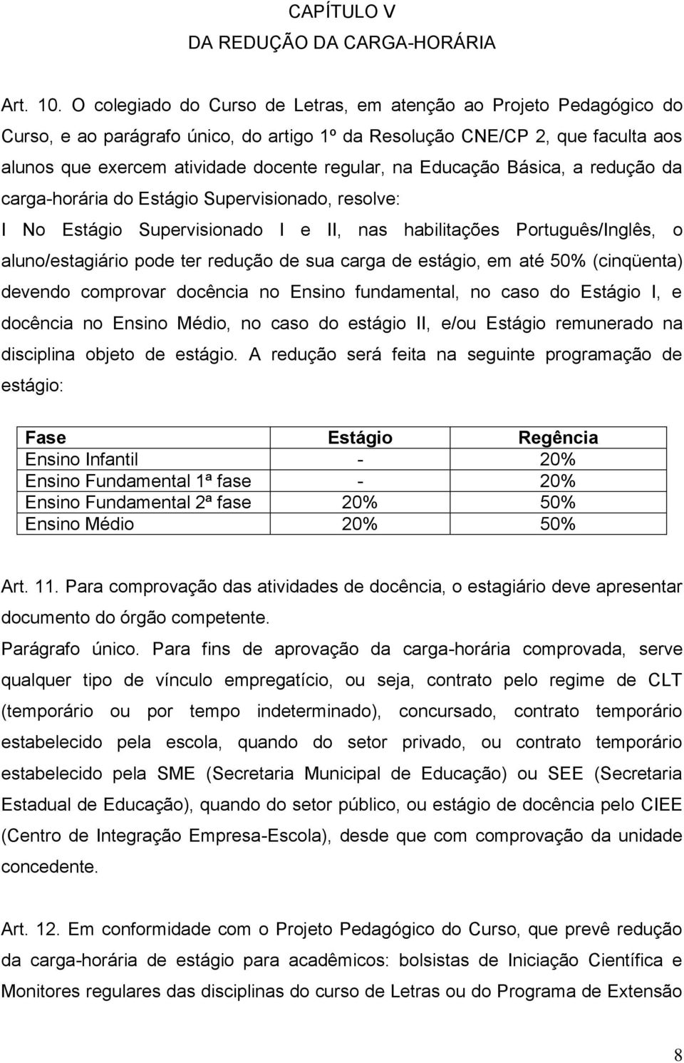 Educação Básica, a redução da carga-horária do Estágio Supervisionado, resolve: I No Estágio Supervisionado I e II, nas habilitações Português/Inglês, o aluno/estagiário pode ter redução de sua carga