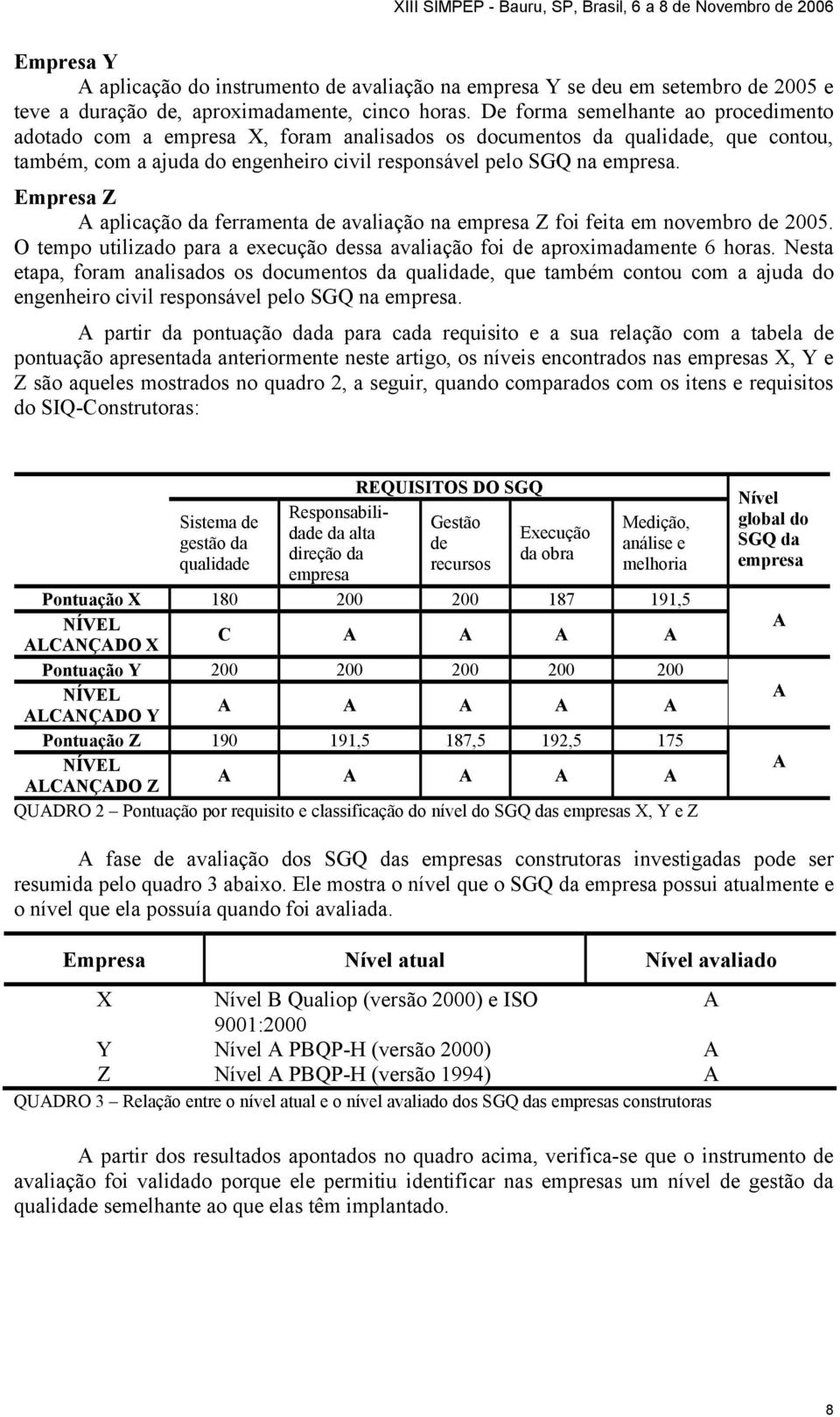 Empresa Z A aplicação da ferramenta de avaliação na empresa Z foi feita em novembro de 2005. O tempo utilizado para a execução dessa avaliação foi de aproximadamente 6 horas.