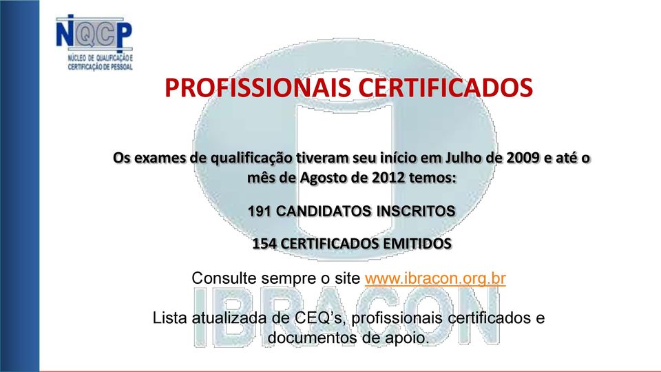 INSCRITOS 154 CERTIFICADOS EMITIDOS Consulte sempre o site www.ibracon.