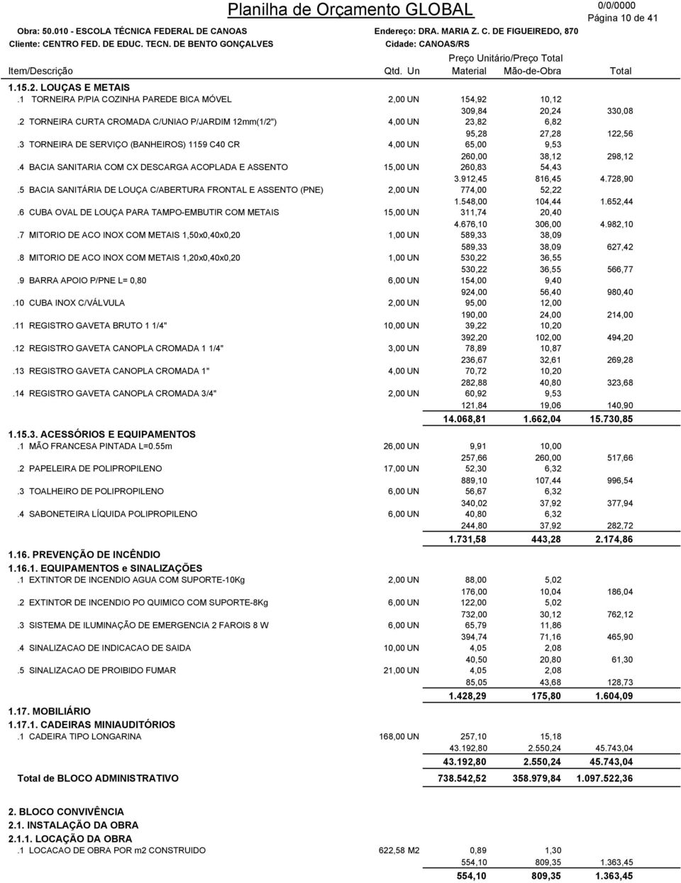 4 BACIA SANITARIA COM CX DESCARGA ACOPLADA E ASSENTO 15,00 UN 260,83 54,43 3.912,45 816,45 4.728,90.5 BACIA SANITÁRIA DE LOUÇA C/ABERTURA FRONTAL E ASSENTO (PNE) 2,00 UN 774,00 52,22 1.