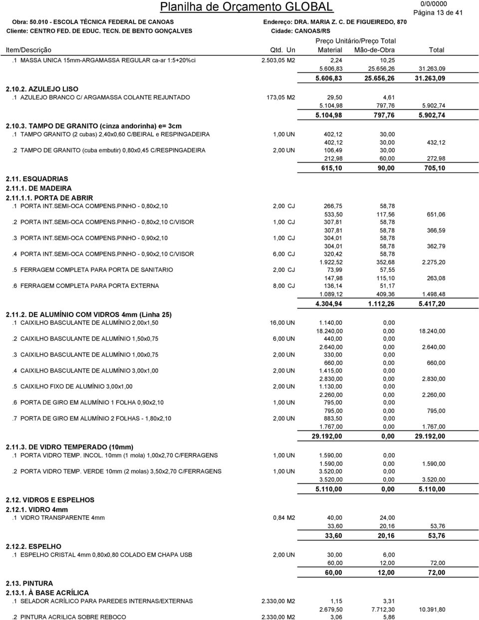 1 TAMPO GRANITO (2 cubas) 2,40x0,60 C/BEIRAL e RESPINGADEIRA 1,00 UN 402,12 30,00 402,12 30,00 432,12.