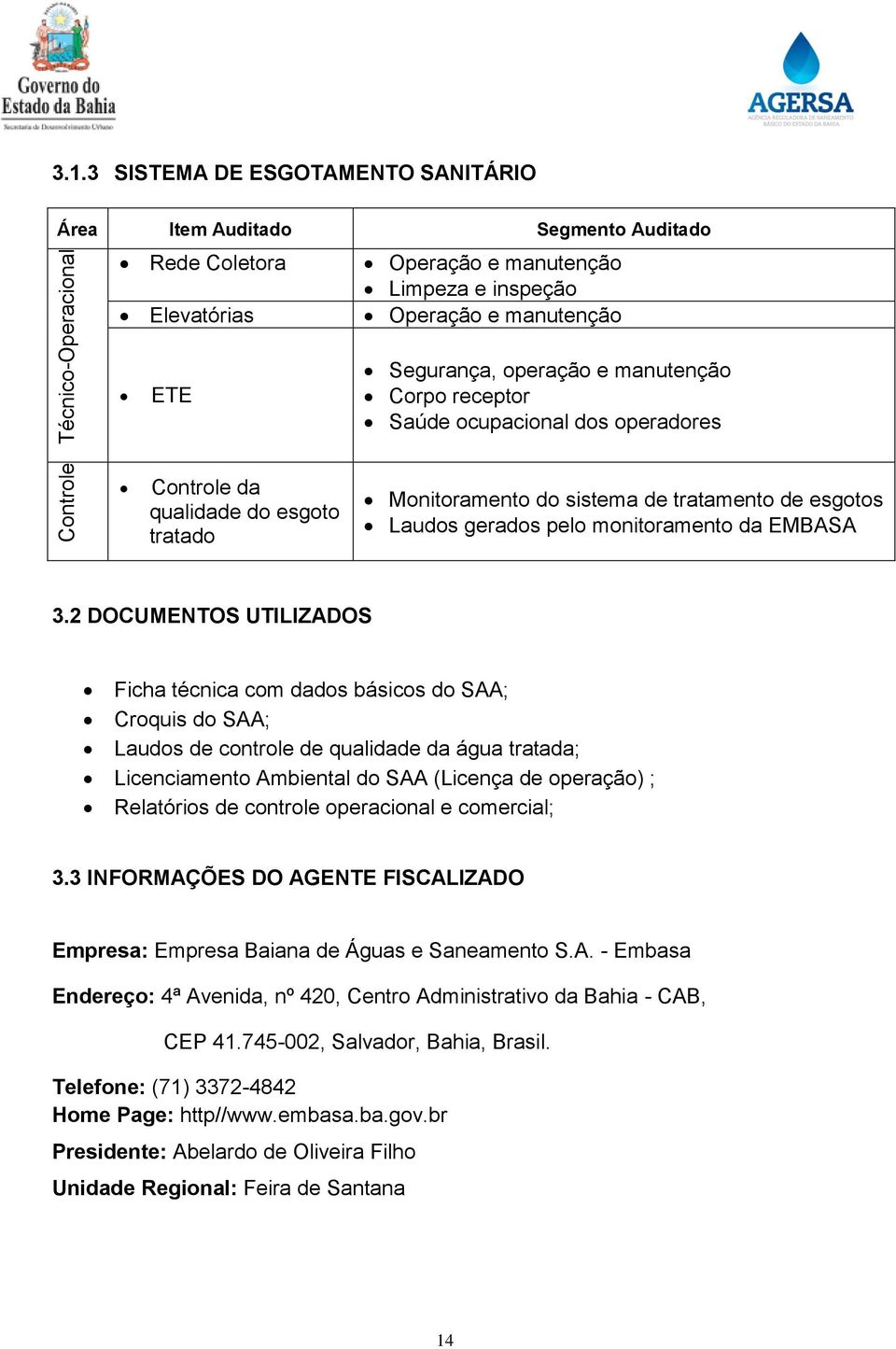 Corpo receptor Saúde ocupacional dos operadores Controle da qualidade do esgoto tratado Monitoramento do sistema de tratamento de esgotos Laudos gerados pelo monitoramento da EMBASA 3.