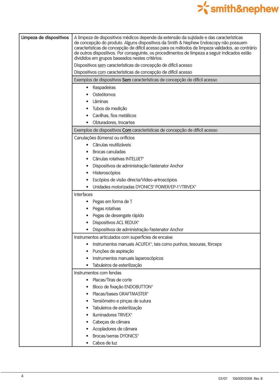 Por conseguinte, os procedimentos de limpeza a seguir indicados estão divididos em grupos baseados nestes critérios: Dispositivos sem características de concepção de difícil acesso Dispositivos com