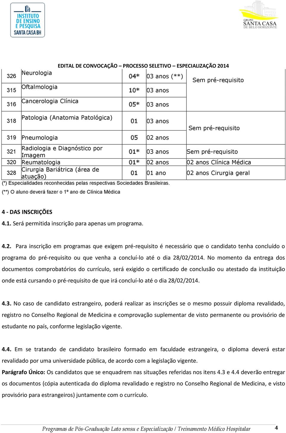 Cirurgia Bariátrica (área de 328 01 01 ano 02 anos Cirurgia geral atuação) (*) Especialidades reconhecidas pelas respectivas Sociedades Brasileiras.