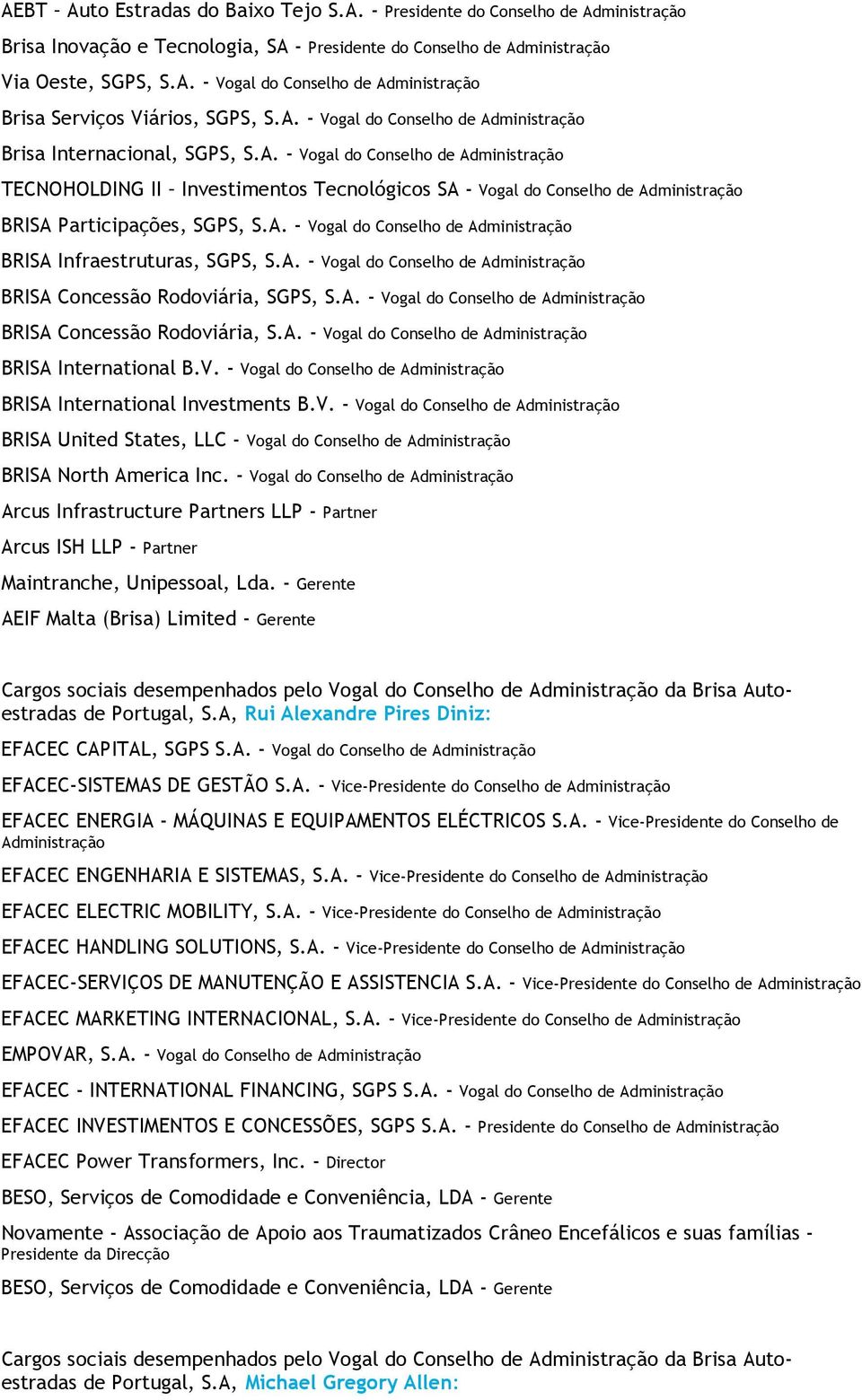 A. - Vogal do Conselho de Administração BRISA Concessão Rodoviária, SGPS, S.A. - Vogal do Conselho de Administração BRISA Concessão Rodoviária, S.A. - Vogal do Conselho de Administração BRISA International B.