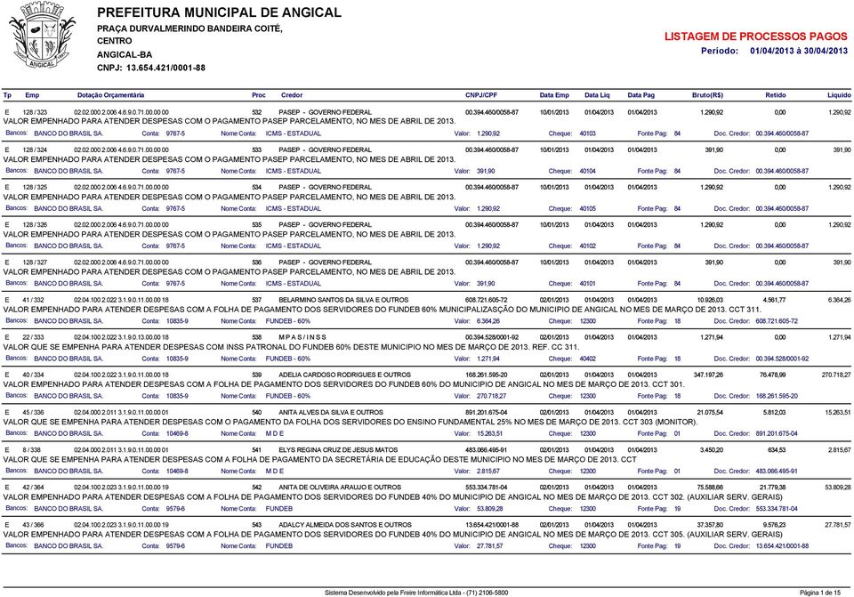 Credor: VALOR MPHADO PARA ATDR DSPSAS COM O PAAMTO PASP PARCLAMTO, O MS D ABRIL D 2013. 128 / 325 534 ICMS - STADUAL PASP - OVRO FDRAL 40104 Doc.