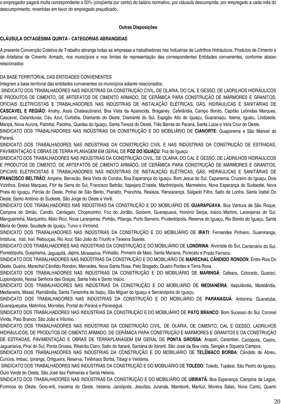 CLÁUSULA OCTAGÉSIMA QUINTA - CATEGORIAS ABRANGIDAS Outras Disposições A presente Convenção Coletiva de Trabalho abrange todas as empresas e trabalhadores nas Indústrias de Ladrilhos Hidráulicos,