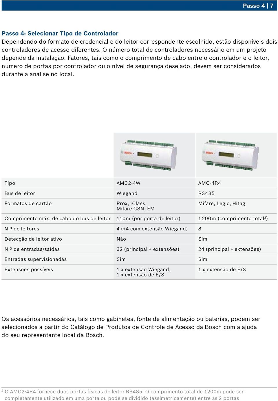 Fatores, tais como o comprimento de cabo entre o controlador e o leitor, número de portas por controlador ou o nível de segurança desejado, devem ser considerados durante a análise no local.