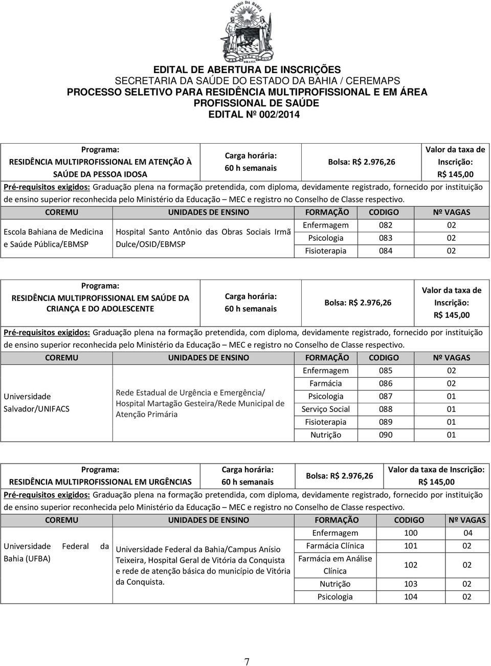 reconhecida pelo Ministério da Educação MEC e registro no Conselho de Classe respectivo.