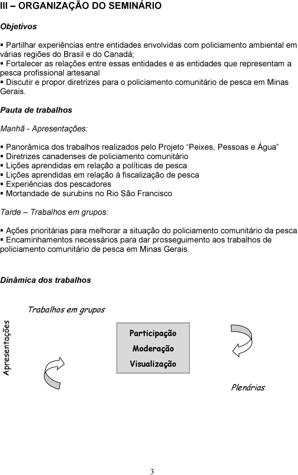 Pauta de trabalhos Manhã - Apresentações: Panorâmica dos trabalhos realizados pelo Projeto Peixes, Pessoas e Água Diretrizes canadenses de policiamento comunitário Lições aprendidas em relação a