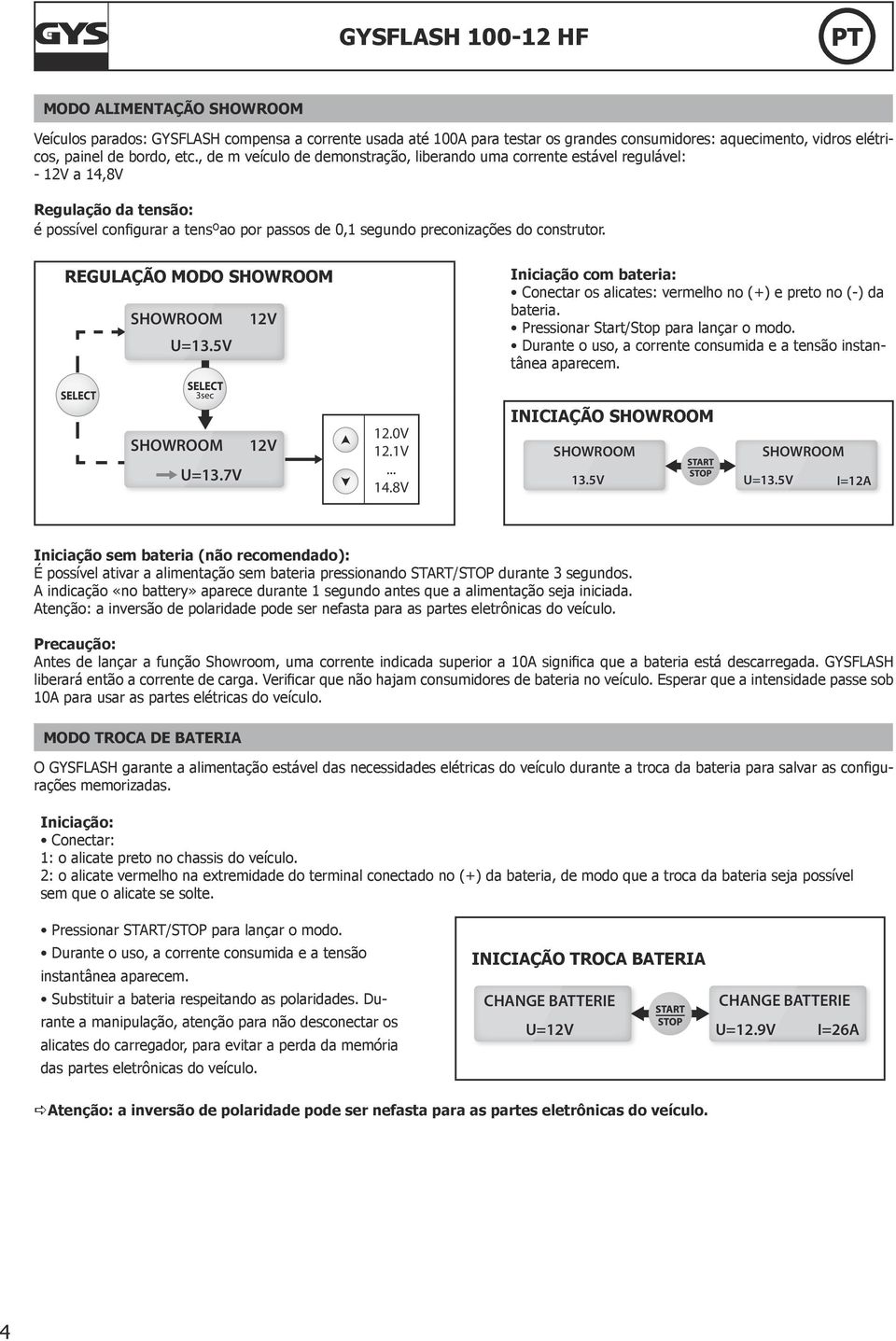 REGULAÇÃO MODO SHOWROOM SHOWROOM 12V U=13.5V Iniciação com bateria: Conectar os alicates: vermelho no (+) e preto no (-) da bateria. Pressionar Start/Stop para lançar o modo.