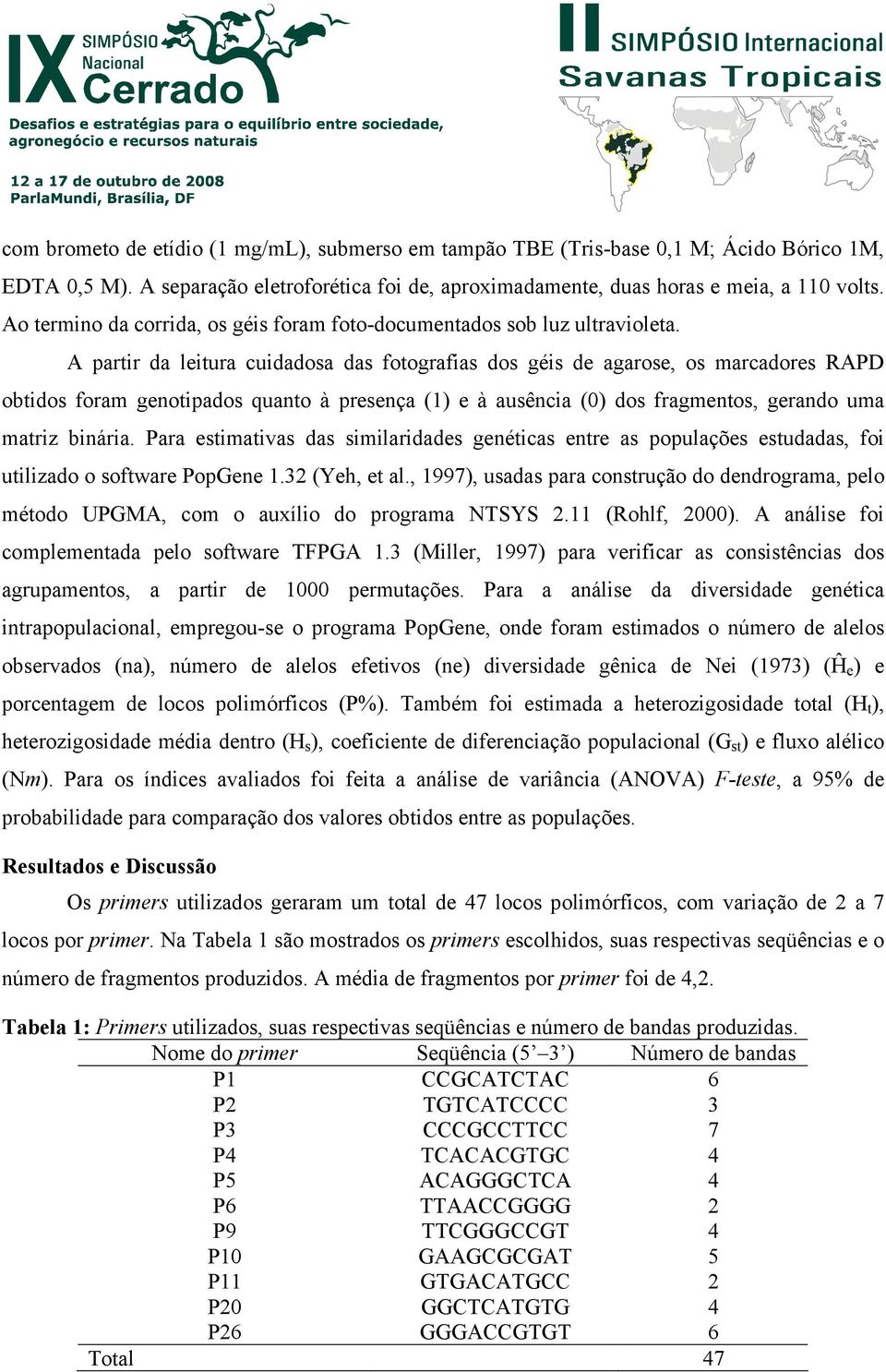 A partir da leitura cuidadosa das fotografias dos géis de agarose, os marcadores RAPD obtidos foram genotipados quanto à presença (1) e à ausência (0) dos fragmentos, gerando uma matriz binária.