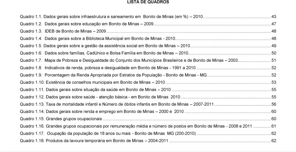 Dados sobre famílias, CadUnico e Bolsa Família em Bonito de Minas 2010... 50 Quadro 1.7. Mapa de Pobreza e Desigualdade do Conjunto dos Municípios Brasileiros e de Bonito de Minas 2003... 51 Quadro 1.