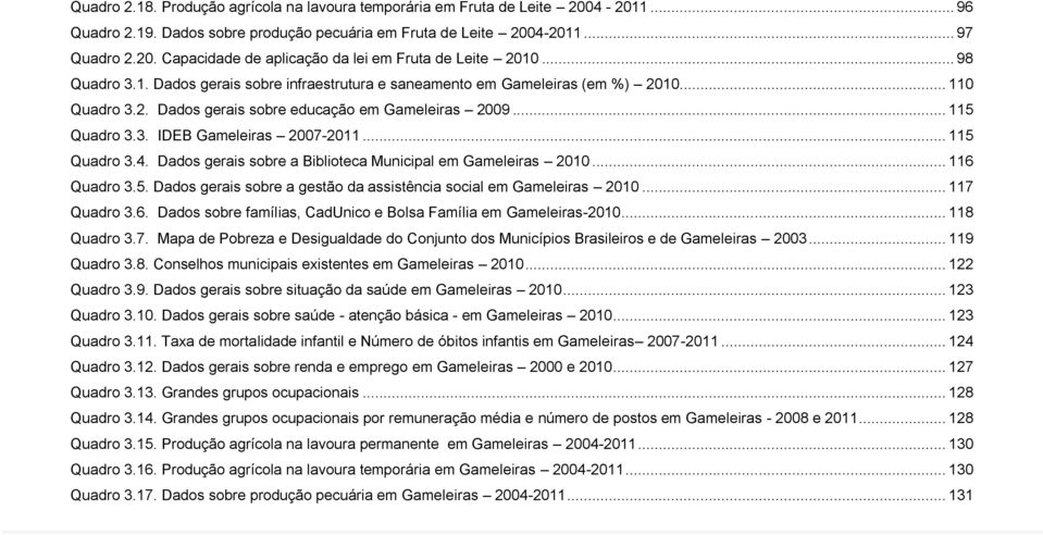 .. 115 Quadro 3.4. Dados gerais sobre a Biblioteca Municipal em Gameleiras 2010... 116 Quadro 3.5. Dados gerais sobre a gestão da assistência social em Gameleiras 2010... 117 Quadro 3.6. Dados sobre famílias, CadUnico e Bolsa Família em Gameleiras-2010.