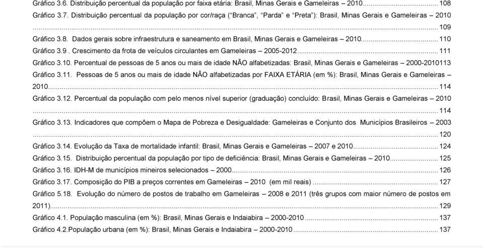 Dados gerais sobre infraestrutura e saneamento em Brasil, Minas Gerais e Gameleiras 2010.