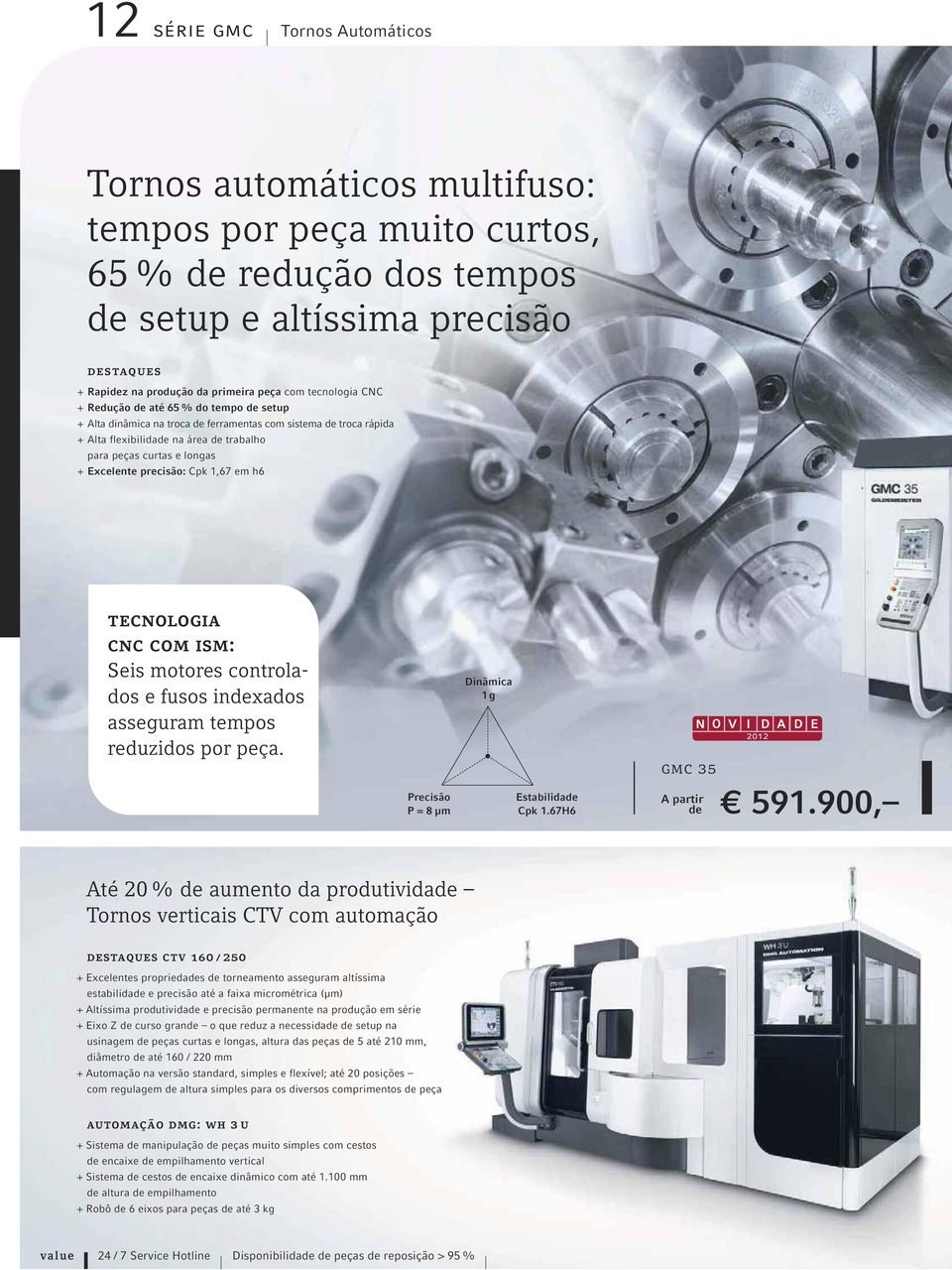 Excelente precisão: Cpk 1,67 em h6 tecnologia cnc com ism: Seis motores controlados e fusos indexados asseguram tempos reduzidos por peça. Precisão P = 8 μm Dinâmica 1 g Estabilidade Cpk 1.