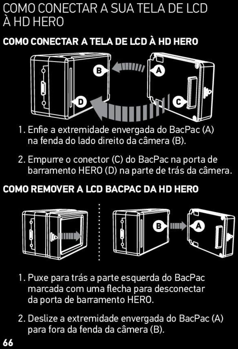 Empurre o conector (C) do BacPac na porta de barramento HERO (D) na parte de trás da câmera.