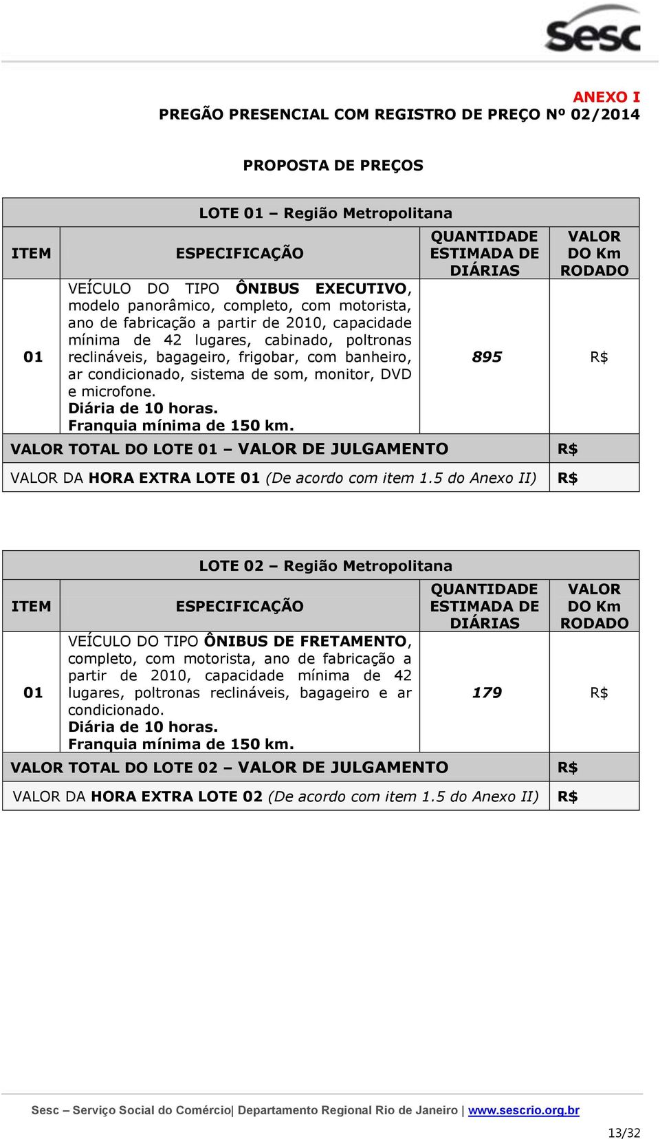 Franquia mínima de 150 km. QUANTIDADE ESTIMADA DE DIÁRIAS VALOR DO Km RODADO 895 R$ VALOR TOTAL DO LOTE 01 VALOR DE JULGAMENTO R$ VALOR DA HORA EXTRA LOTE 01 (De acordo com item 1.