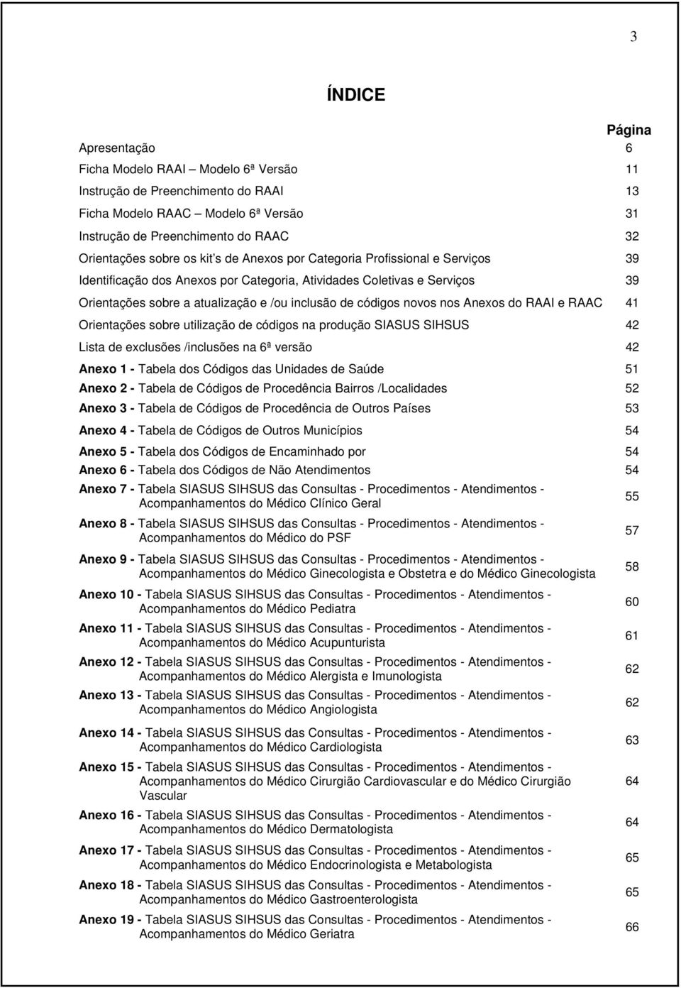 novos nos Anexos do RAAI e RAAC 41 Orientações sobre utilização de códigos na produção SIASUS SIHSUS 42 Lista de exclusões /inclusões na 6ª versão 42 Anexo 1 - Tabela dos Códigos das Unidades de
