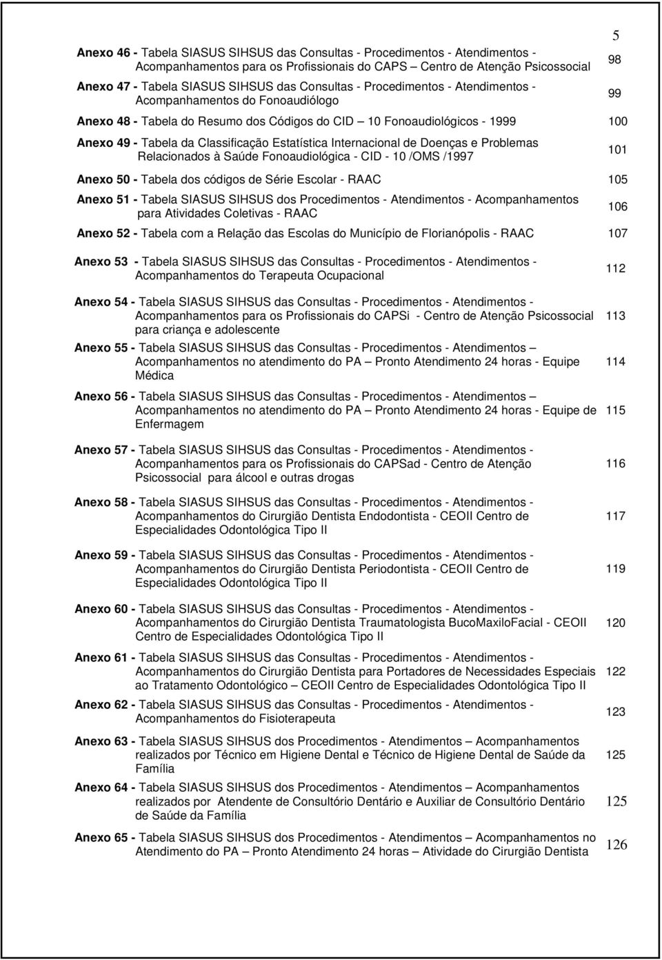 Estatística Internacional de Doenças e Problemas Relacionados à Saúde Fonoaudiológica - CID - 10 /OMS /1997 Anexo 50 - Tabela dos códigos de Série Escolar - RAAC 105 Anexo 51 - Tabela SIASUS SIHSUS