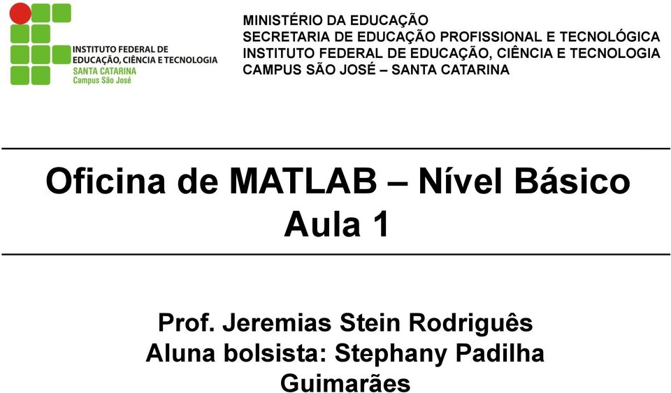 CAMPUS SÃO JOSÉ SANTA CATARINA Oficina de MATLAB Nível Básico Aula